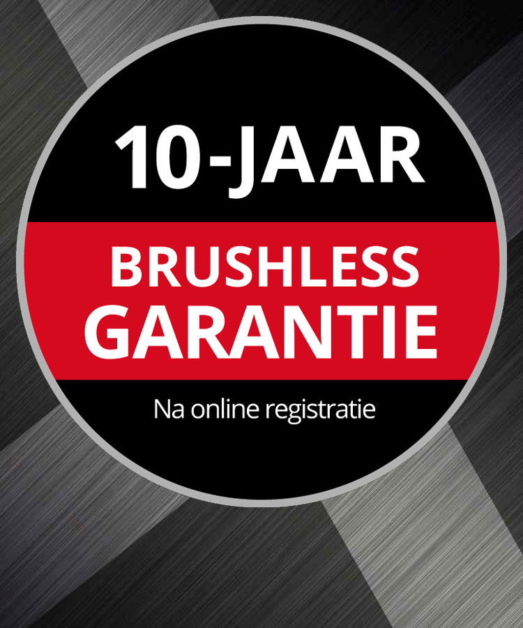 Round Warranty Logo with the text "10-Year Brushless Warranty, upon Online Registration" on a grey background.